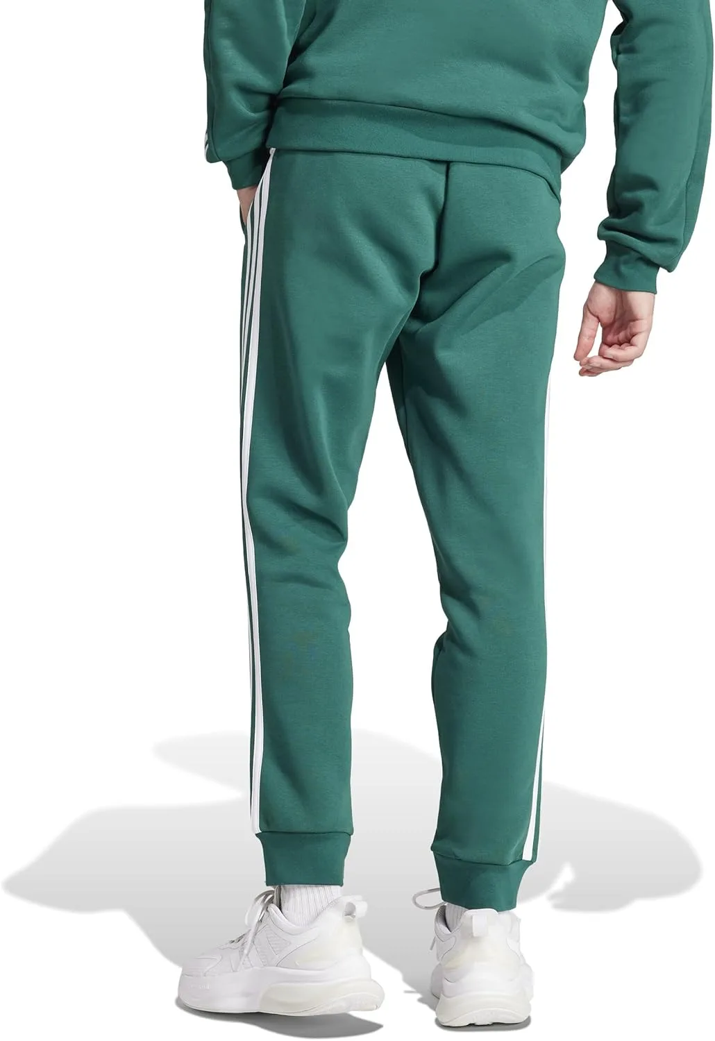 Мужские флисовые брюки Adidas Essentials с тремя полосками и зауженными манжетами, зеленый — фото 3