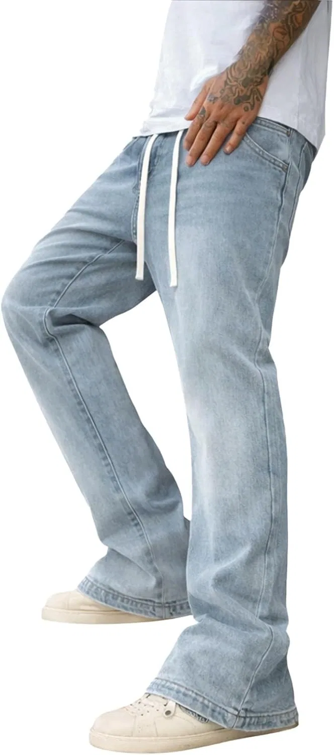 Джинсы клеш, светло-голубые, Men's Flared Jeans Stretch Slim Fit Y2K Drawstring Denim Pants for Youth Trendy Lightweight Straight Leg Modern Streetwear