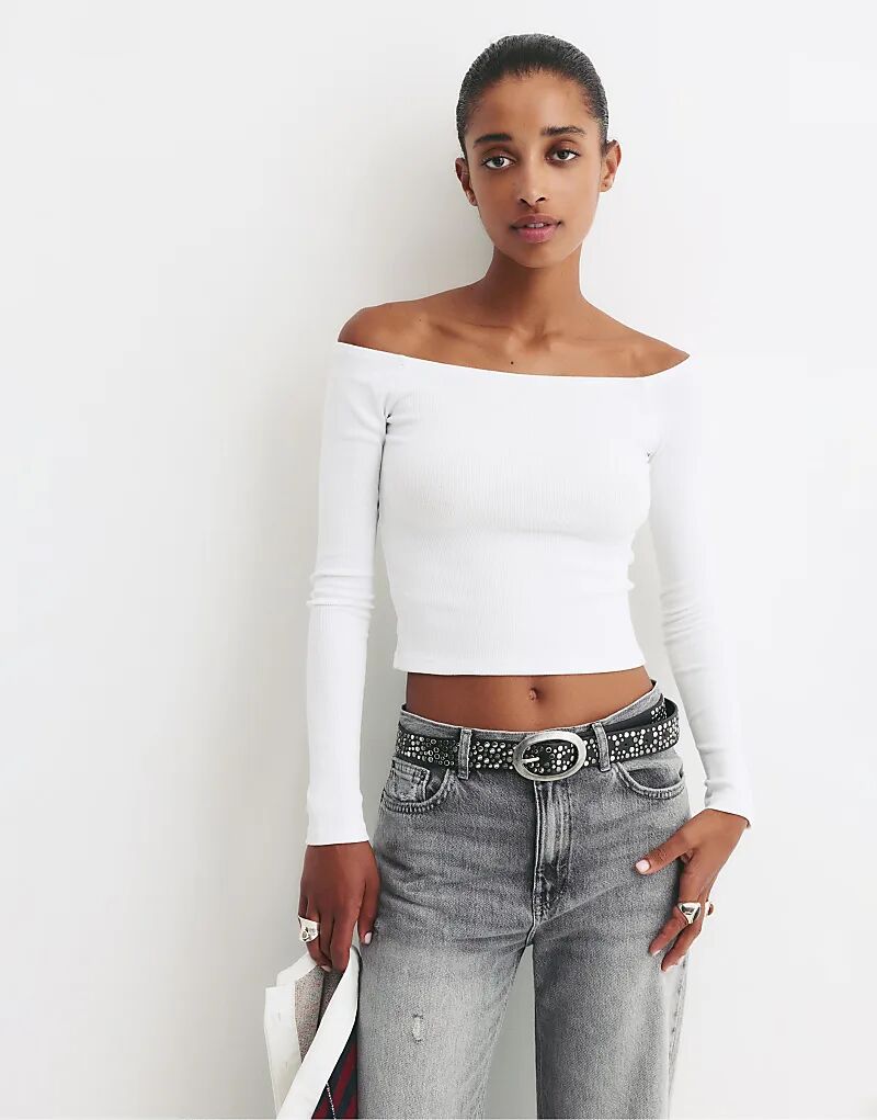 

Футболка Pull&Bear Ribbed с круглым вырезом белого цвета