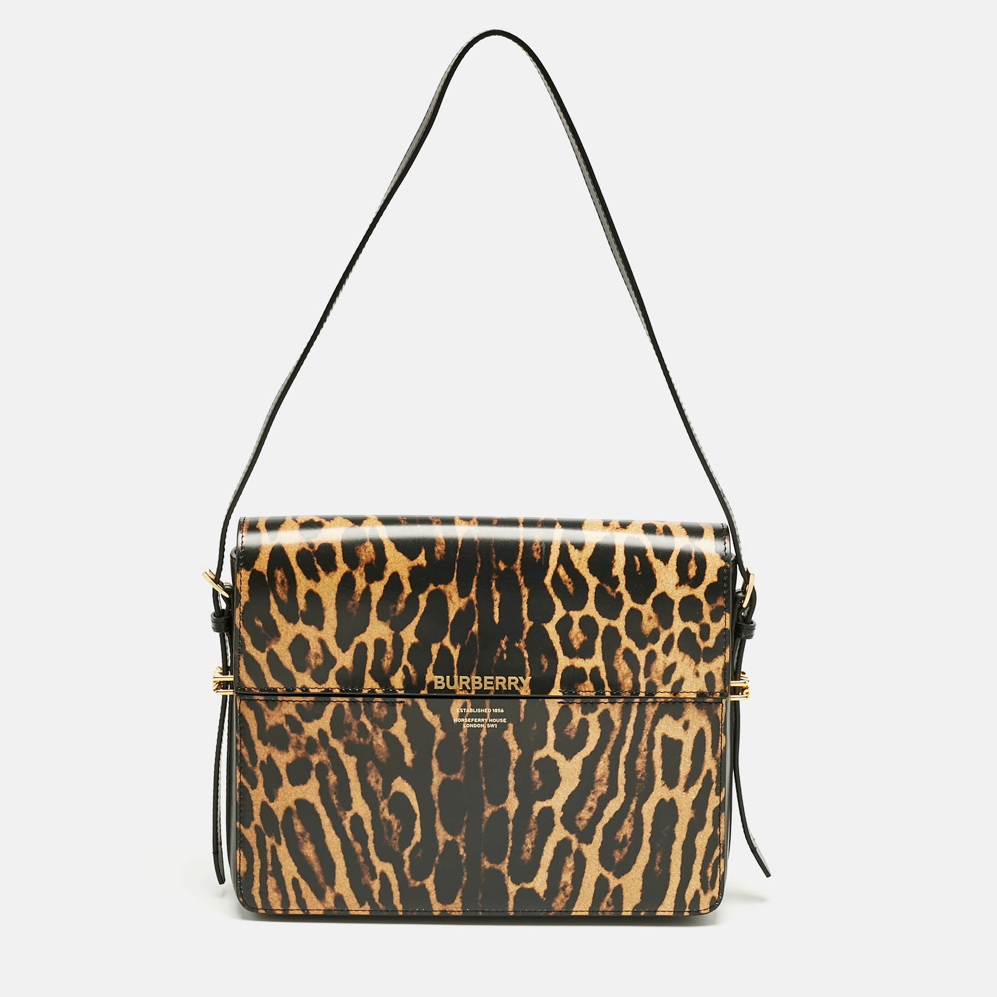 

Большая сумка через плечо Grace от Burberry, черно-коричневая, с леопардовым принтом, из глянцевой кожи