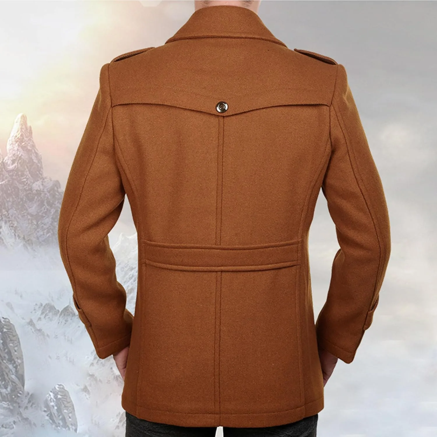 Мужское пальто в стиле pea coat с двубортной застежкой и классическим отложным воротником из шерстяной смеси, зимняя верхняя одежда, длинное пальто Generic, коричневый — фото 3