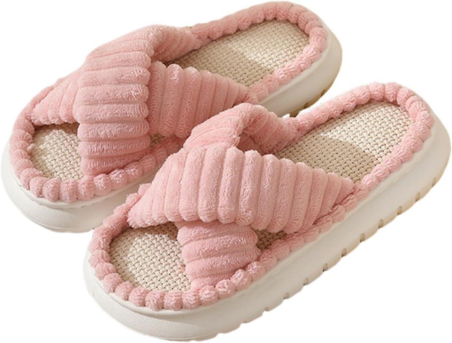 

Женские пушистые домашние тапочки с перекрестными ремешками, платформой, с эффектом памяти, мягкие тапочки для дома, с открытым носком Kubbon, розовый