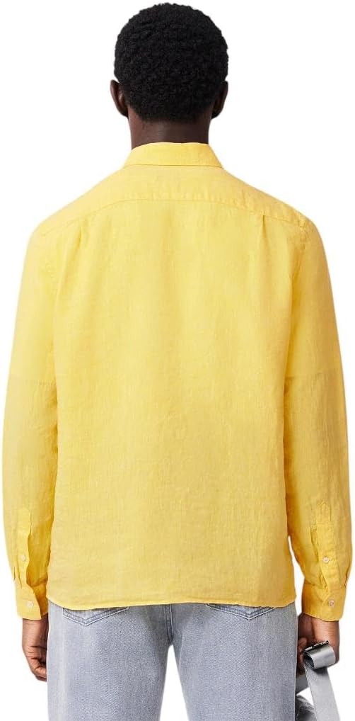 Lacoste мужская длинная рубашка с длинным рукавом, обычный крой, льняная, на пуговицах, желтая — фото 3