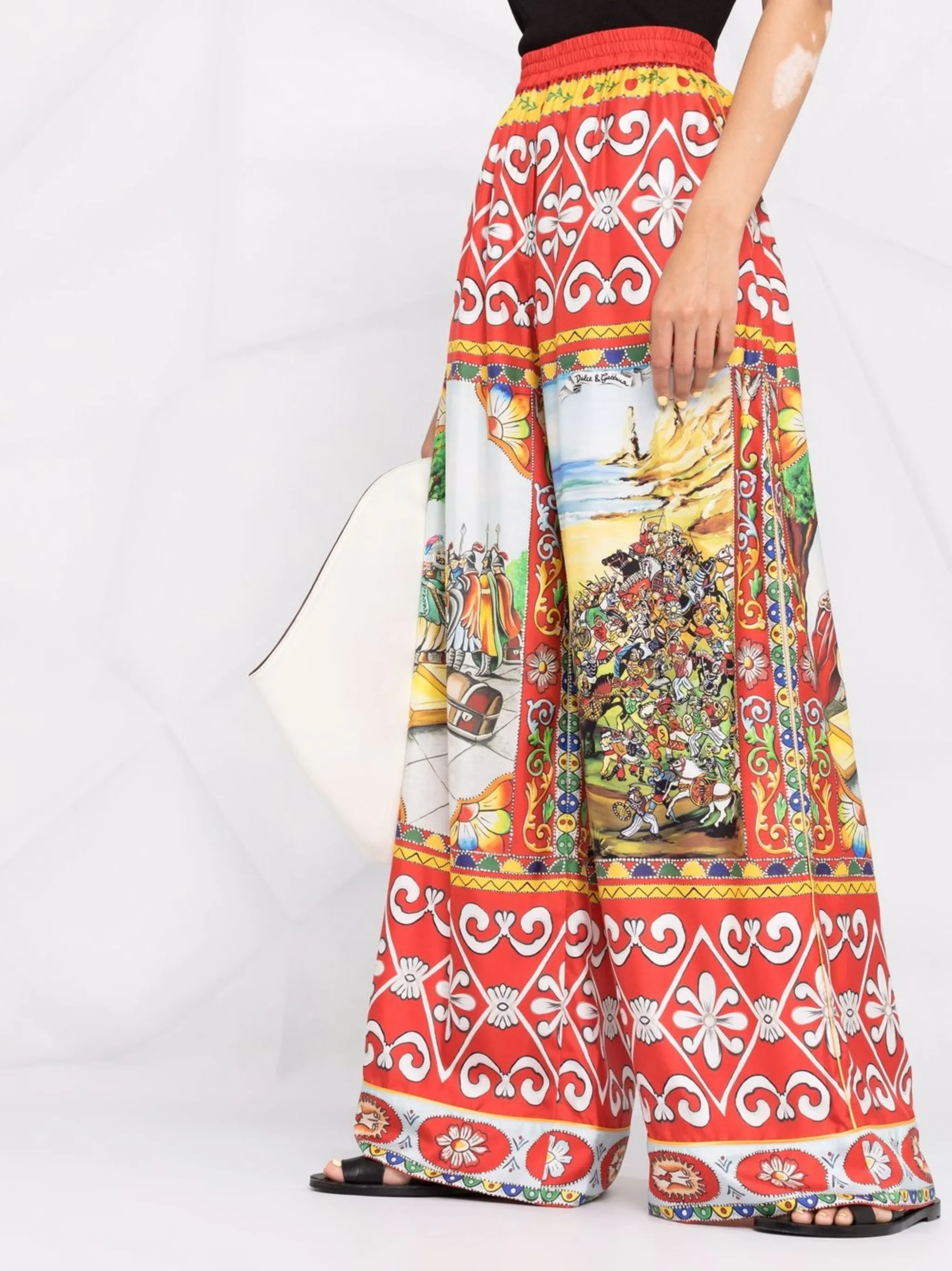 Широкие шелковые брюки с принтом Carretto Dolce & Gabbana, красный — фото 3