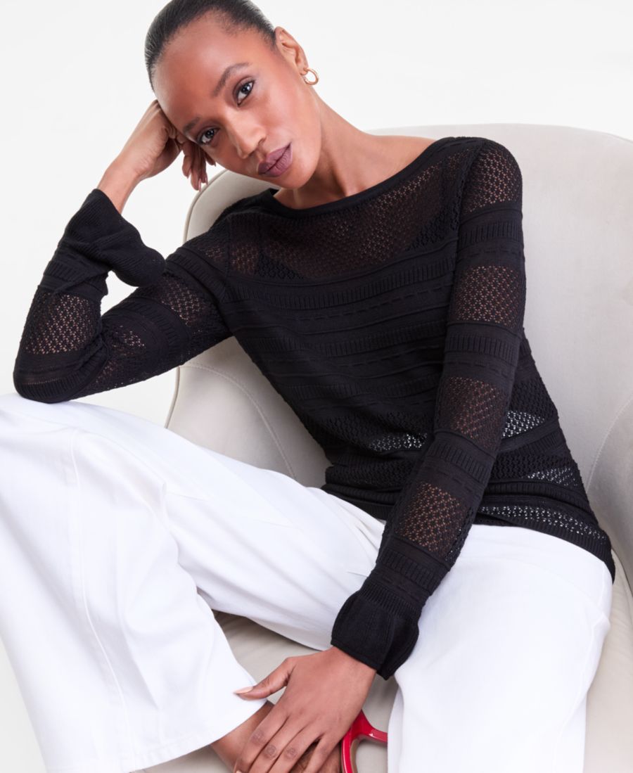 

Женский свитер с оборками и ажурной отделкой, эксклюзивно от Macy's INC International Concepts, Deep Black