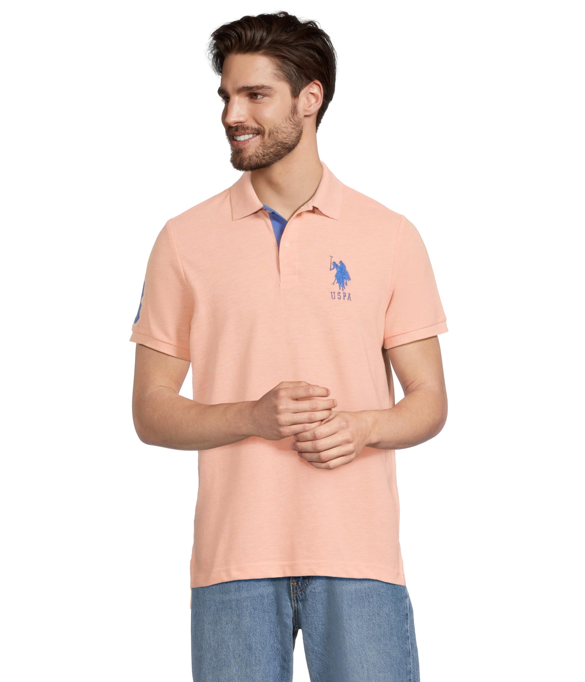

Поло U.S. POLO ASSN. Slim Fit Big Horse Polo With Stripe Collar, Orange Sherbert HeatherSee Less