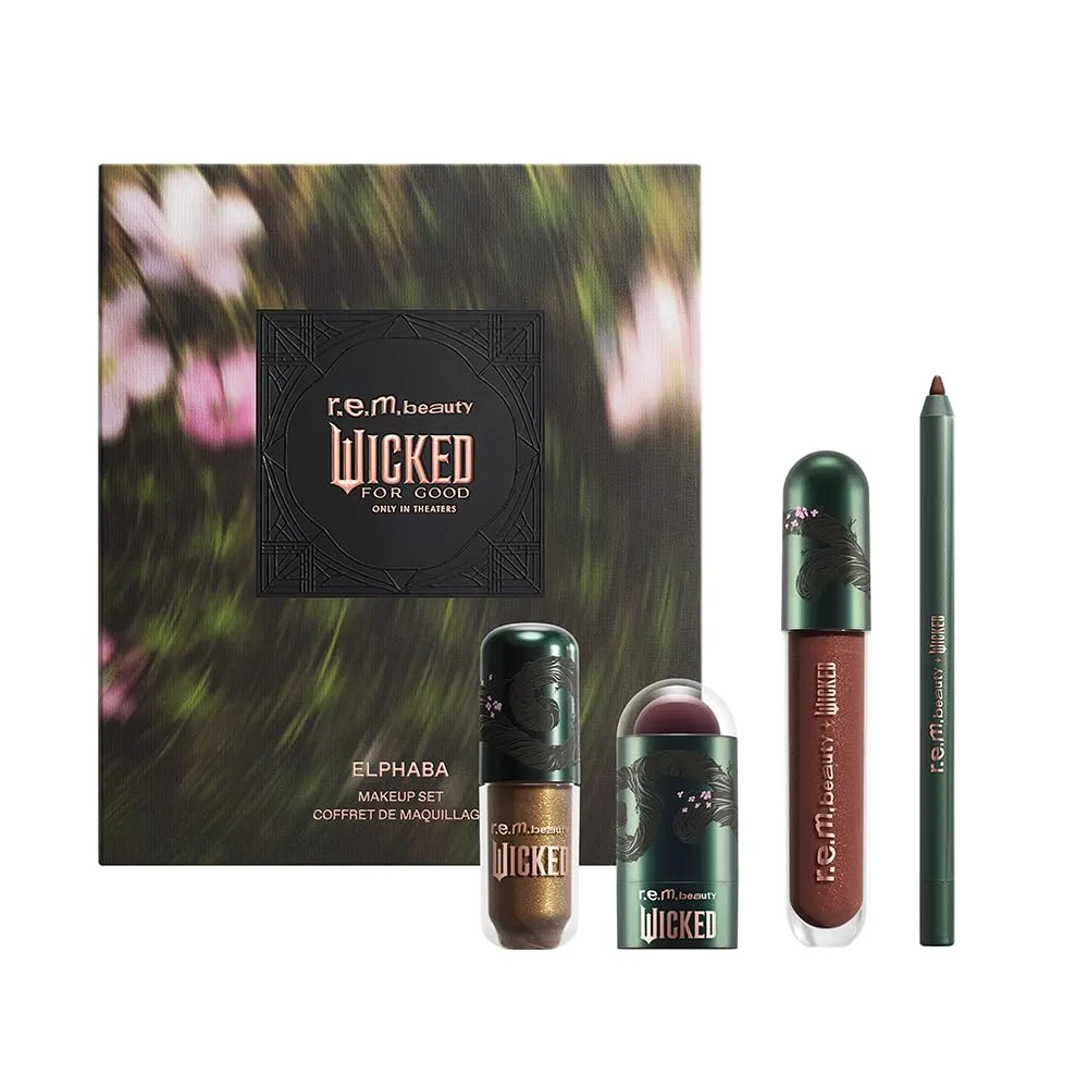rem beauty Wicked: For Good | Набор косметики | Водостойкие тени для век, стик для сияния кожи, кремовый карандаш для губ, блестящий бальзам для губ | 4 полноразмерных продукта, Elphaba