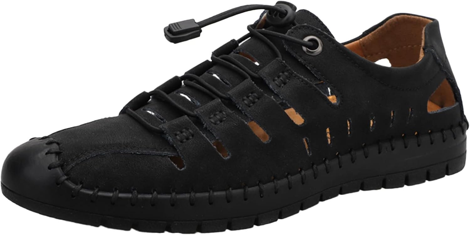 

Мужские сандалии EFTCAL из цельной коровьей кожи с вырезами для походов на открытом воздухе, с закрытым носком, противоскользящие спортивные сандалии, пляжные водонепроницаемые сандалии для рыбаков, черный