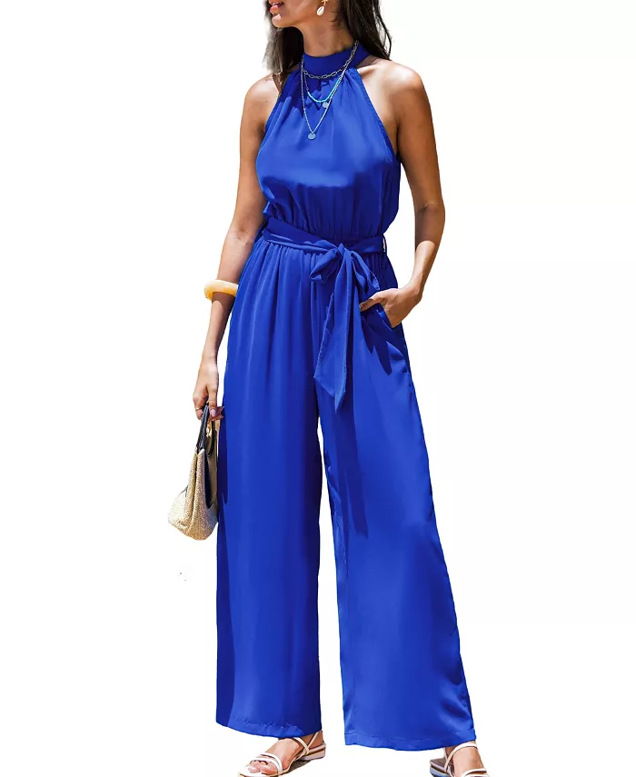 

Женский комбинезон с запахом на талии, широкими брючинами и бретелями-галстуком Cupshe, синий