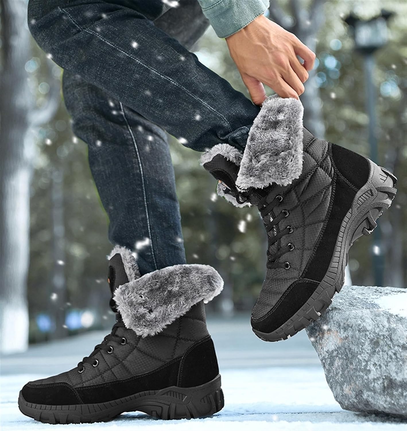 Мужские зимние зимние ботинки Теплые шнуровки Outdoor Comfort Водонепроницаемые легкие походные ботинки с флисовой подкладкой для мужчин Generic, черный — фото 3