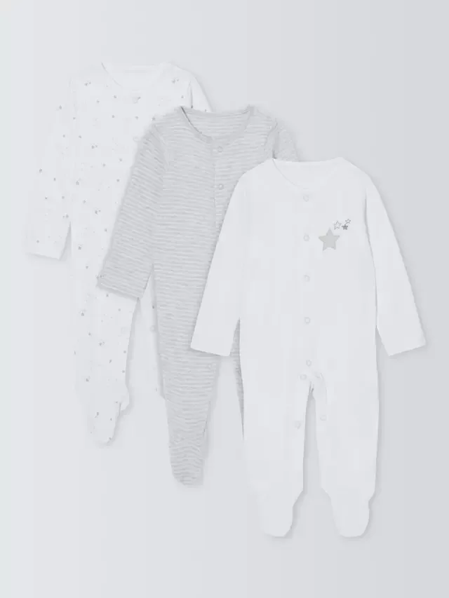 Комплект из 3 хлопковых спальных комбинезонов для малышей с принтом в виде звезд, белые John Lewis