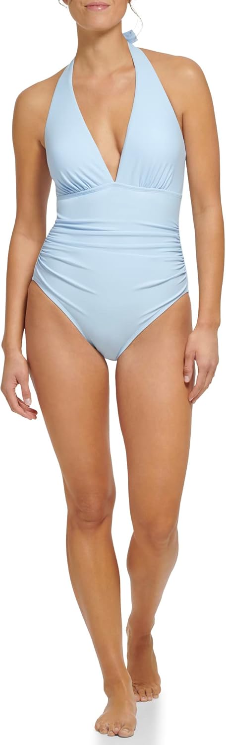 Женский слитный купальник Tommy Hilfiger Stretch Tummy Control с бретелями через шею, Chambray Blue — фото 2