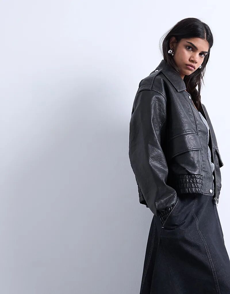 

Короткая куртка-бомбер Topshop из искусственной кожи черного цвета, Черный, Короткая куртка-бомбер Topshop из искусственной кожи черного цвета