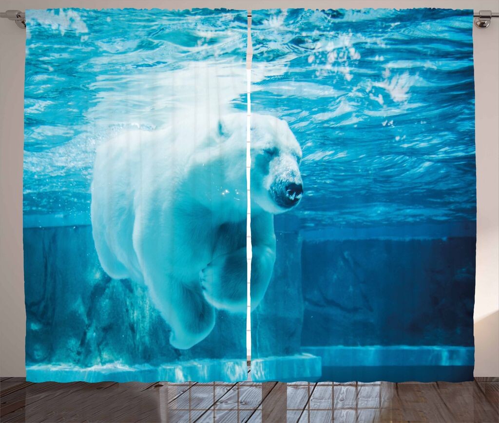 

ABAKUHAUS Bear Rustic Curtain, Arctic Polar Underwater, универсальные ленточные шторы для гостиной с петлями и крючками, 280 x 260 см, светло-голубые, синий