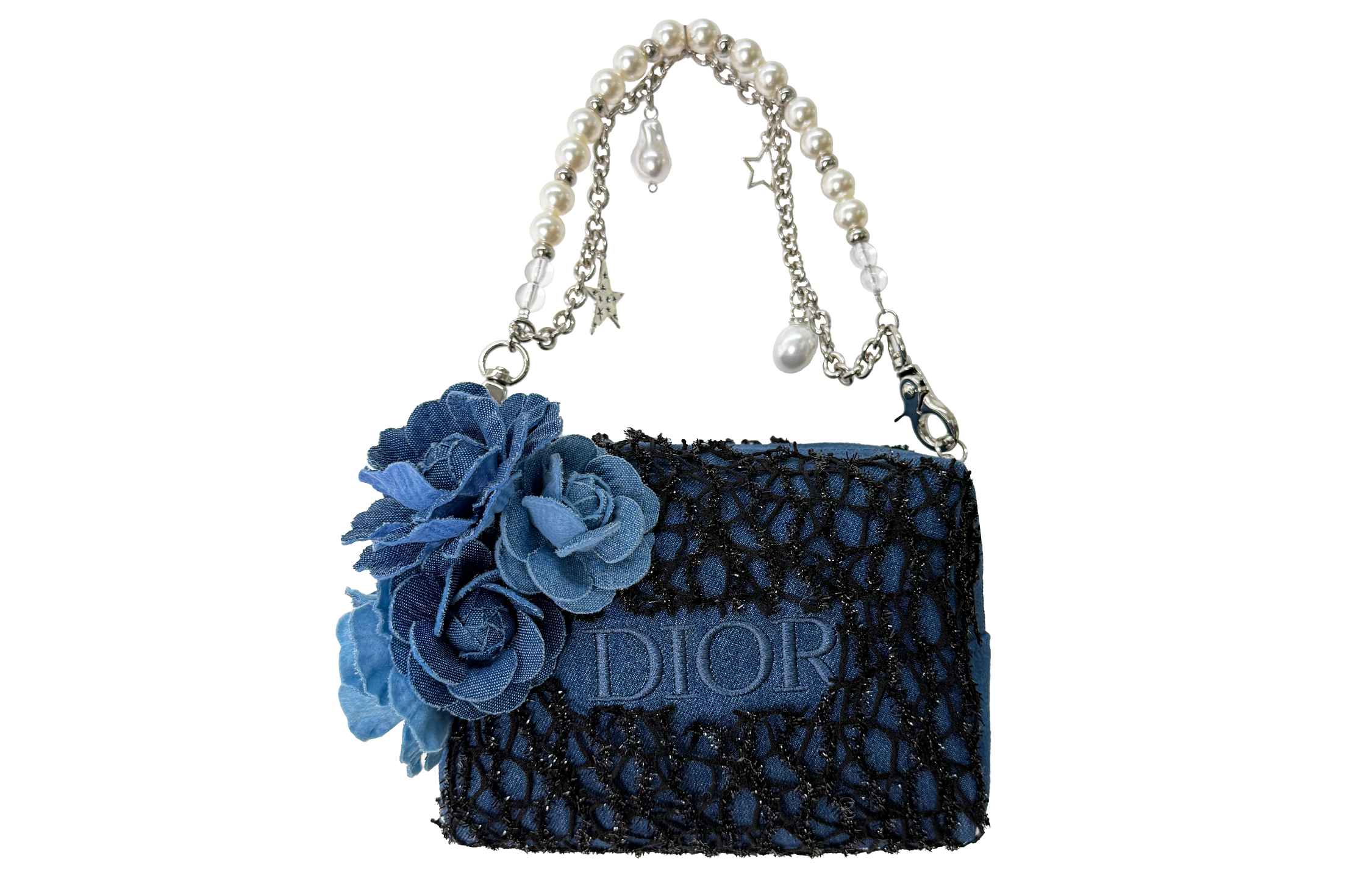 

DIOR TCO Floral Pearl Chain винтажная косметичка Denim Blue 15*9*11см