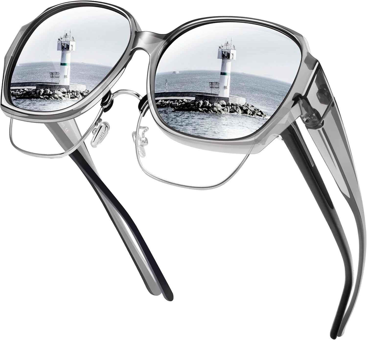 

Поляризованные солнцезащитные очки URUMQI, надеваемые поверх обычных очков, для женщин, защита UV400, квадратные, очень большие, A16 Transparent Grey Frame/Silver Mirrored Lens