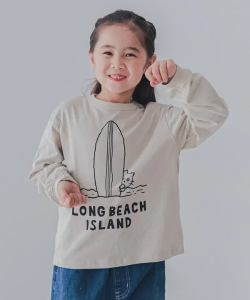 Детская футболка с принтом сёрфинговой кошки Jeans-b 2nd LONG BEACH айвори