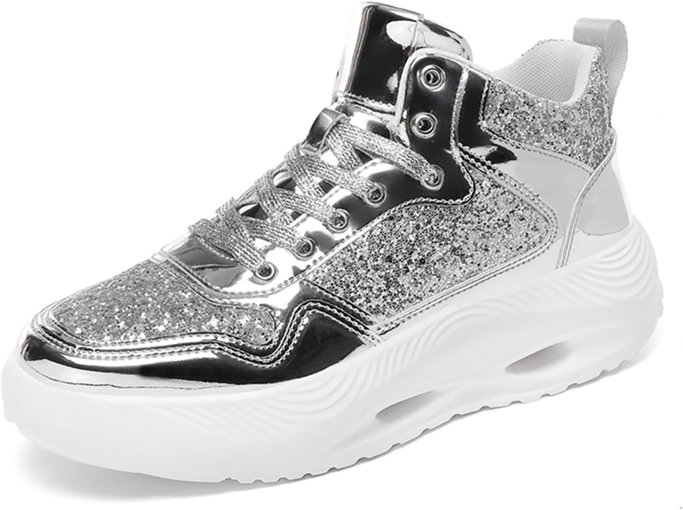 

Мужские модные кроссовки высокие для скейтборда и прогулок, стильные спортивные повседневные блестящие туфли для мужчин Spwagym, серебро