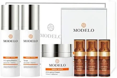 Набор для лица Modelo Derma White 5 Step Set: тоник, эмульсия, крем, сыворотка с витамином C, маски 5 шт, 125 мл Miya Kung