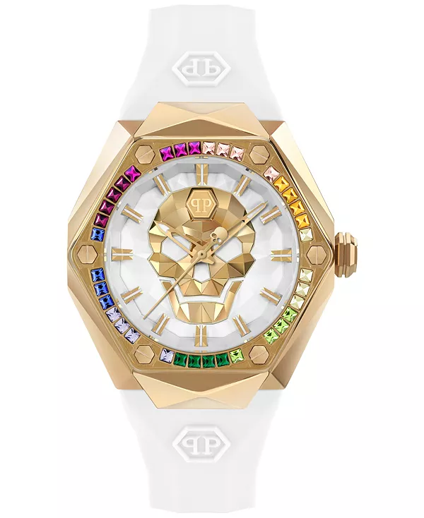 

Женские часы с белым силиконовым ремешком и черепами-шипами 40 мм Philipp Plein, gold