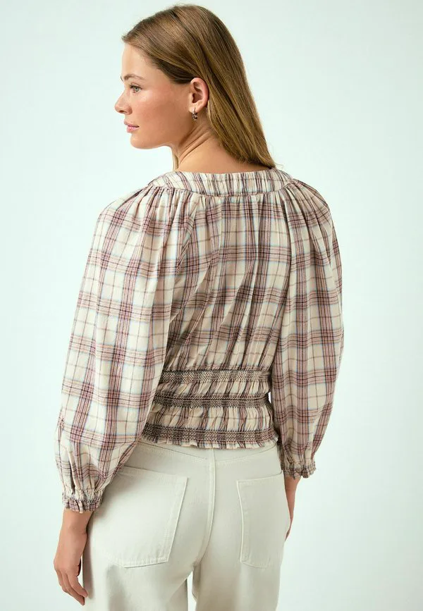 Блузка прямого кроя с v-образным вырезом и длинными рукавами Next, Brown/Cream Check — фото 2