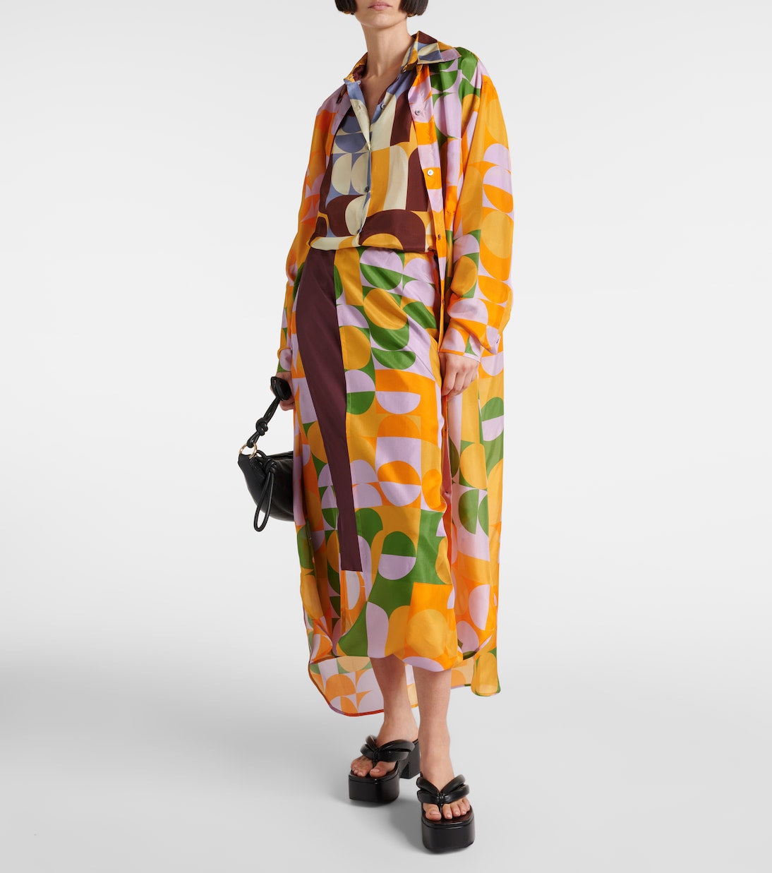 Юбка макси из шелкового атласа с принтом Dries Van Noten, оранжевый — фото 2