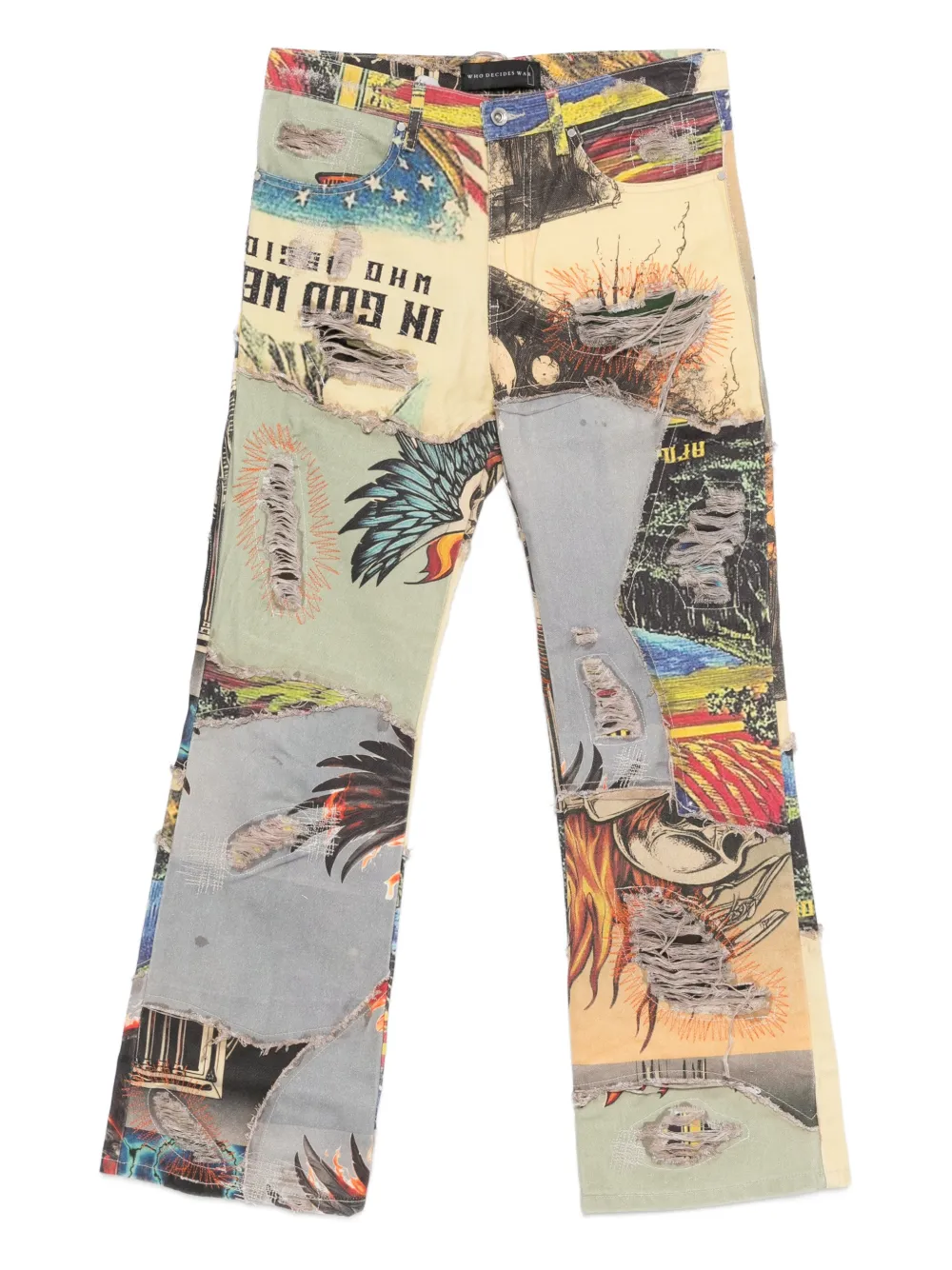 

Джинсы из денима в технике пэчворк с рваным эффектом Who Decides War, нейтральный