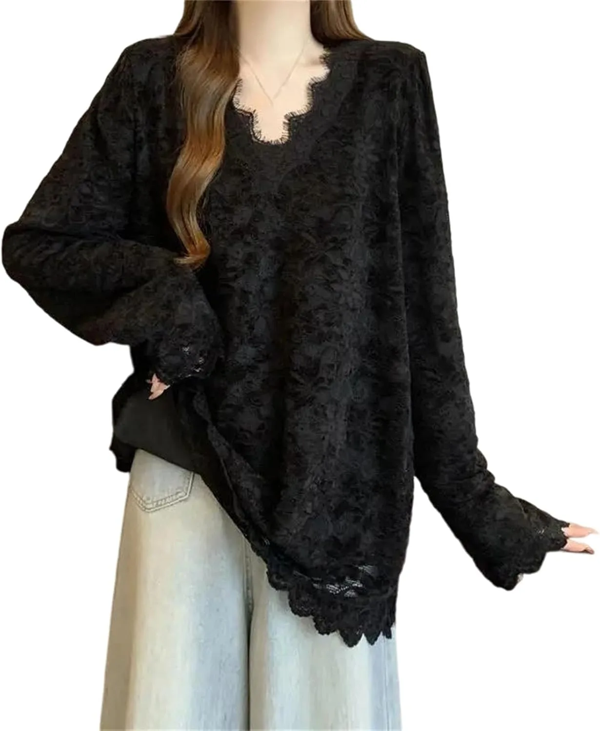 

Женская футболка с V-образным вырезом, длинным рукавом и кружевной аппликацией