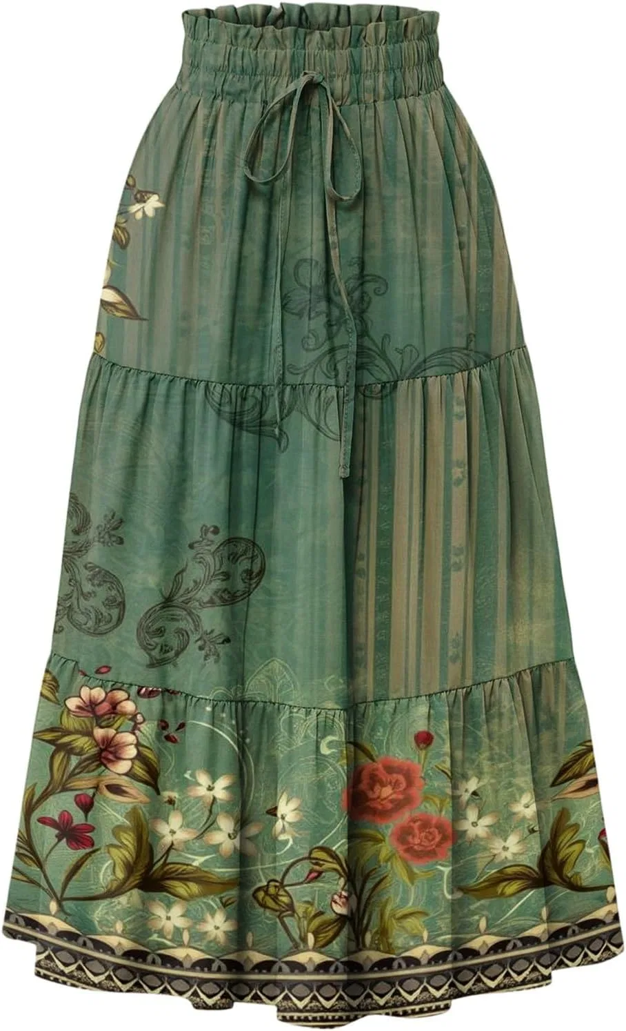 Юбка миди A-силуэта, женская, с рюшами, на резинке, с карманами, 1-dark Green