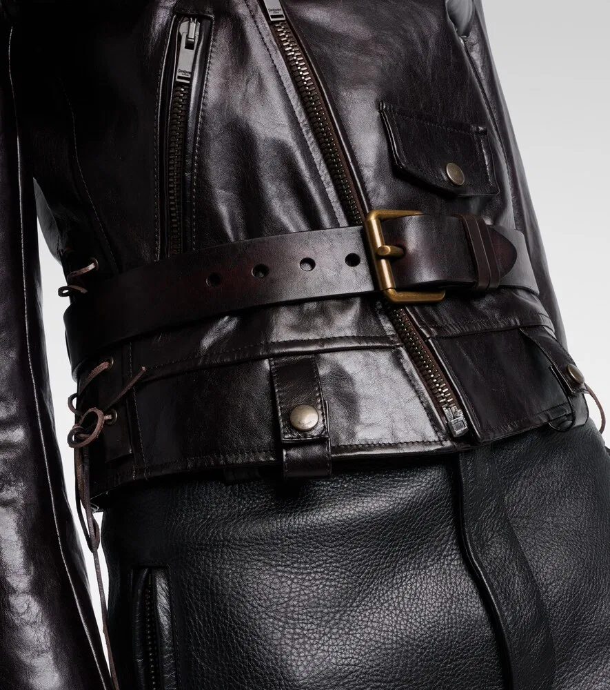 Кожаная байкерская куртка с поясом Saint Laurent, коричневый — фото 4