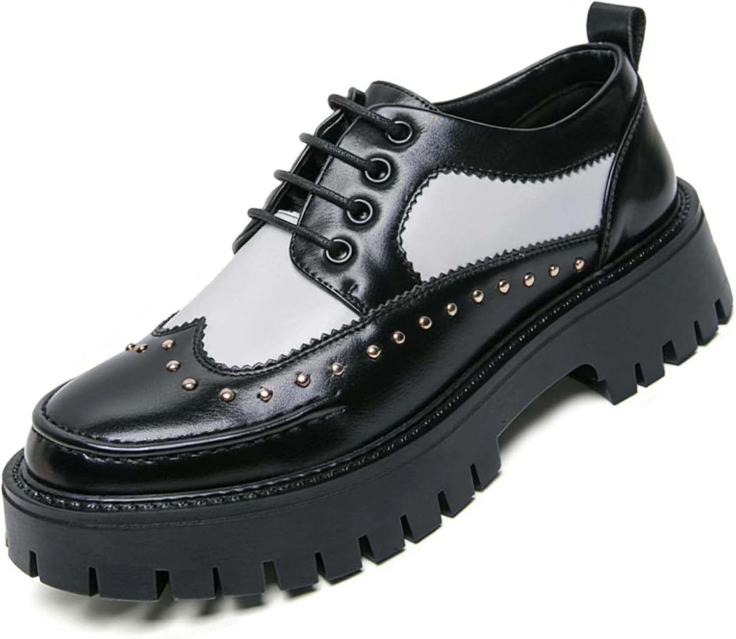 

Мужские кожаные туфли на платформе с заклепками, повседневные, с круглым носком, толстой рифленой подошвой, шнуровкой, оксфорды, удобные, на блочном каблуке, бизнес-дерби Crazysavage, черный