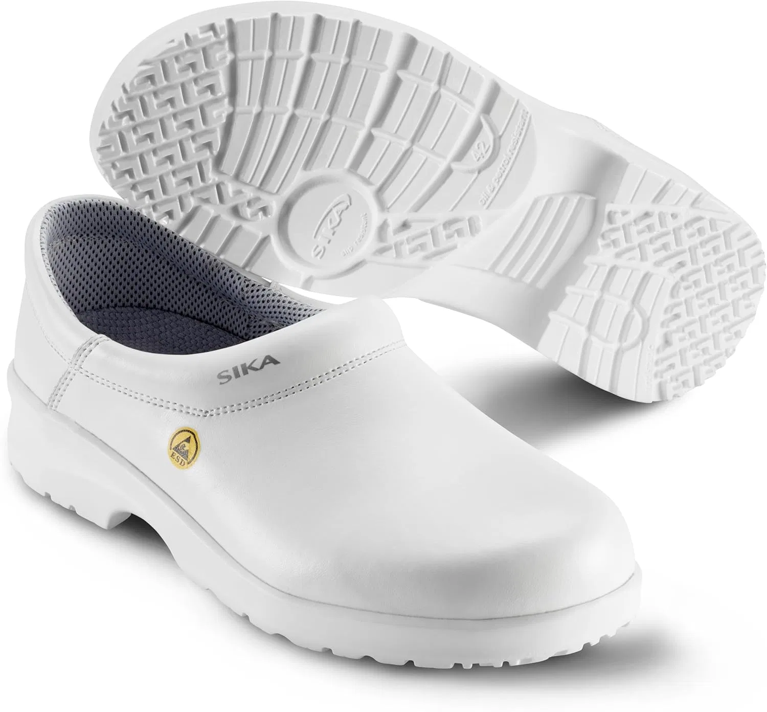 Сабо унисекс SIKA, rutschfeste Arbeitsschuhe, Wasserabweisendes Permair-Leder, Stoßdämpfende Sohle, ESD-geprüft, Washbare Innensohle, Professionalelle Clogs für den Lebensmittel- und Medizinbereich, White