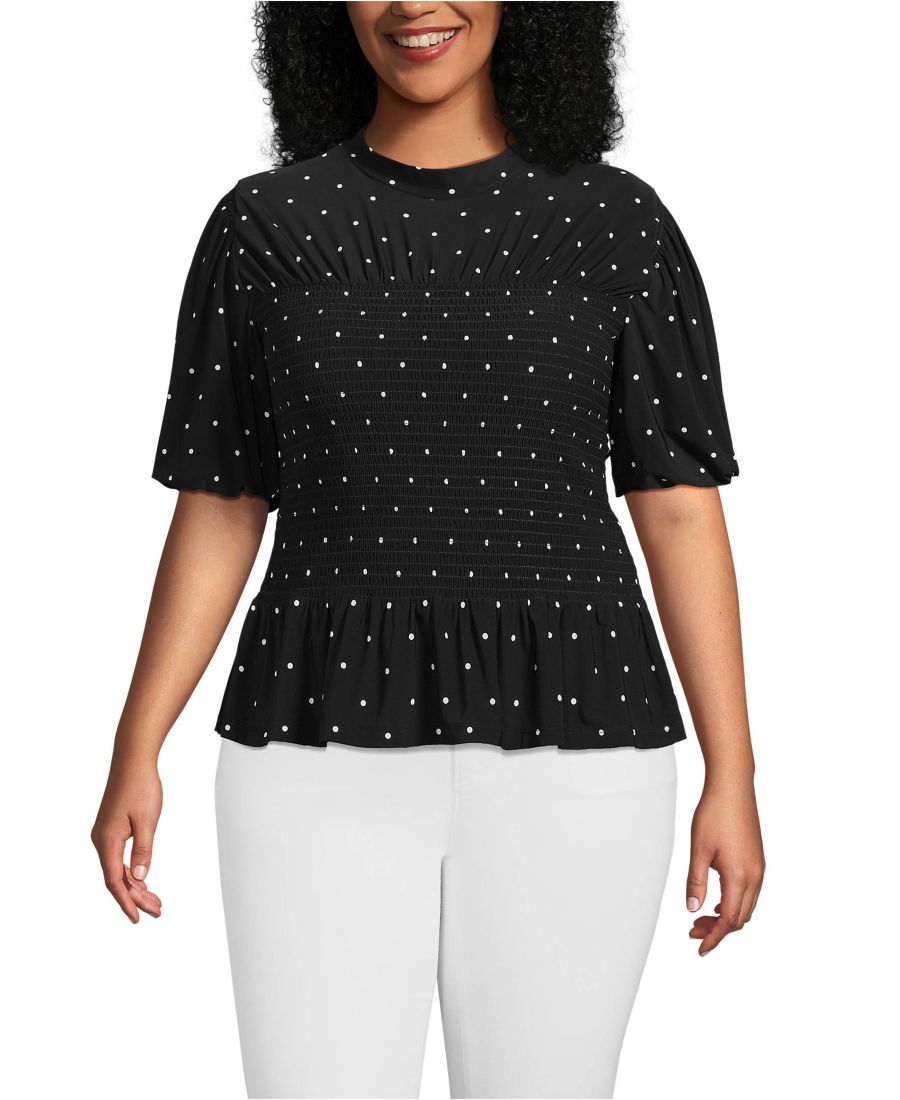 

Топ большого размера из шелковистого трикотажа с рукавами-пузырями, сборками и воротником-стойкой, с объемным низом Lands' End, Black/ivory dot