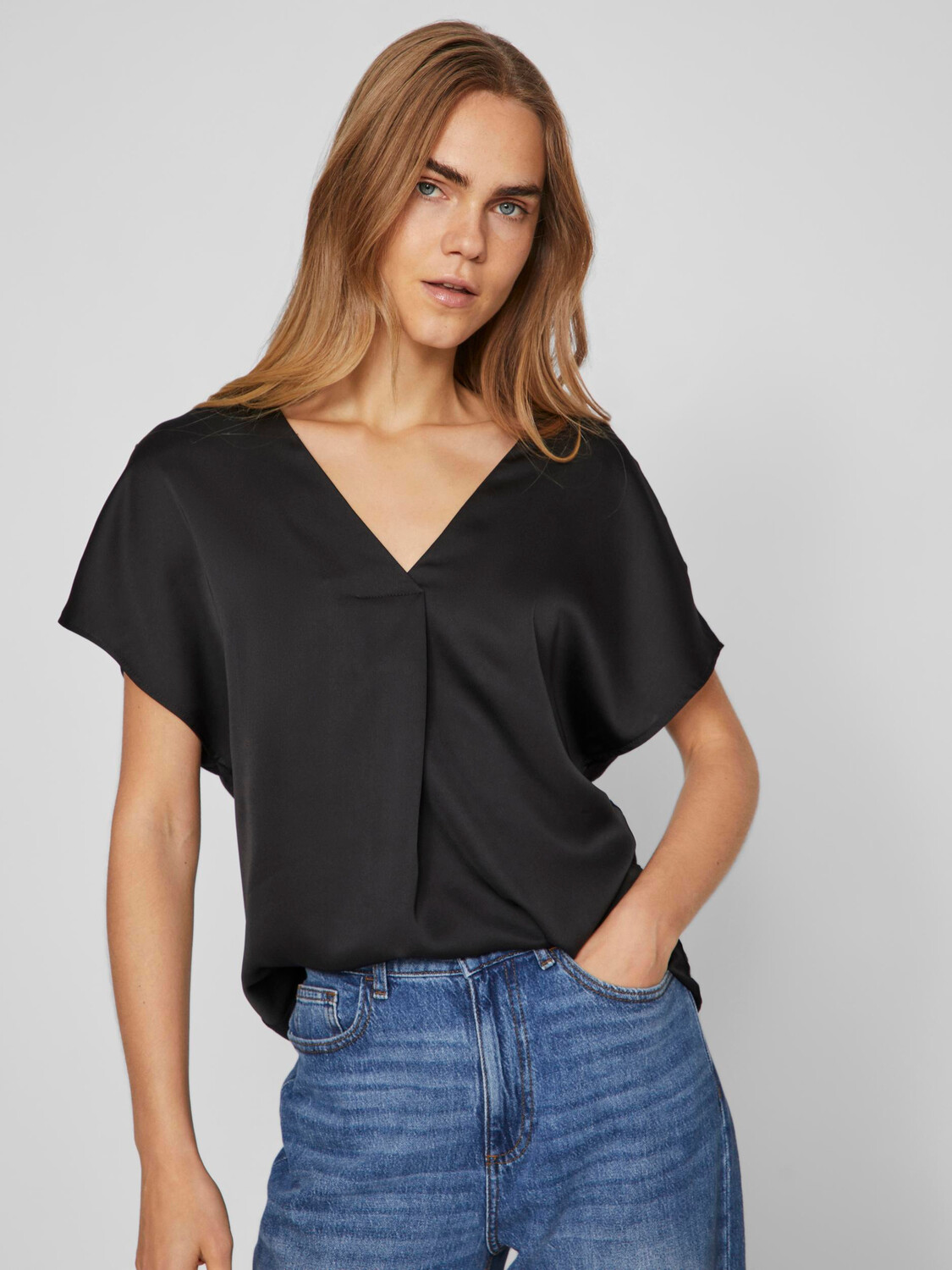 

Блуза Vila Satin n Shirt Top Glänzendes Kurzarm Oberteil, черный