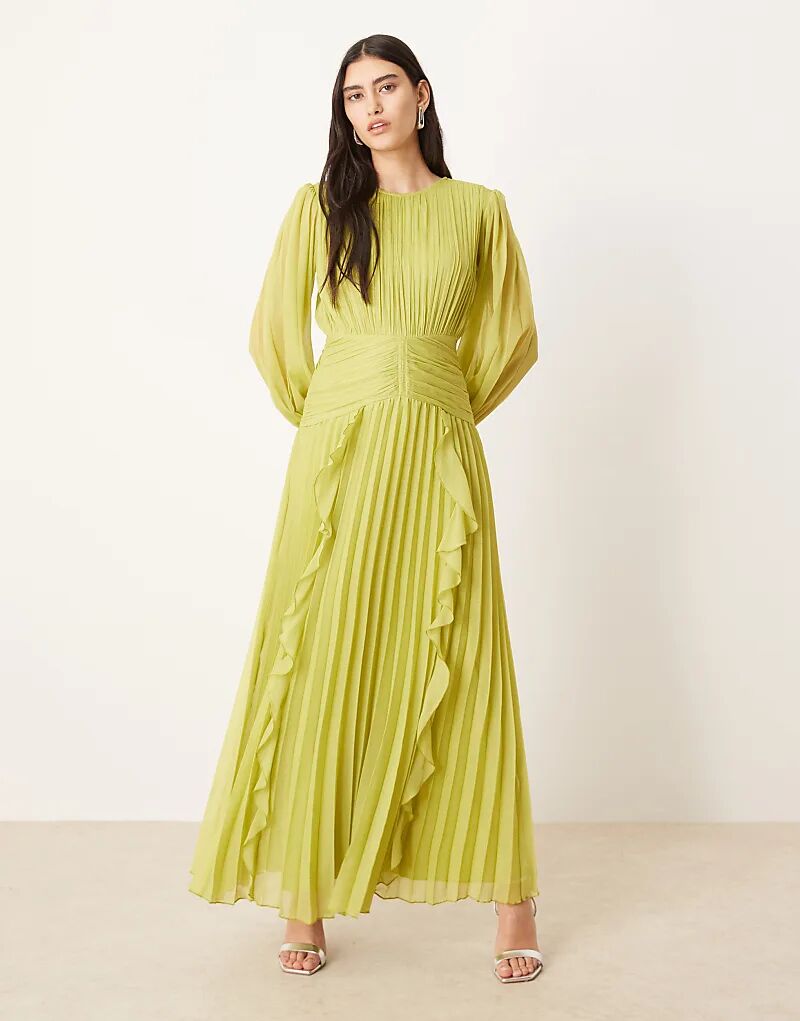 

Платье макси ASOS DESIGN с высоким воротом, рюшами и поясом цвета лайма