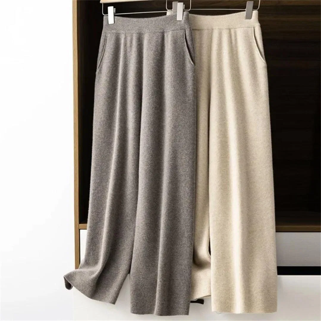 Женские брюки из шерсти, высокие, Elastic Waist, Khaki — фото 3