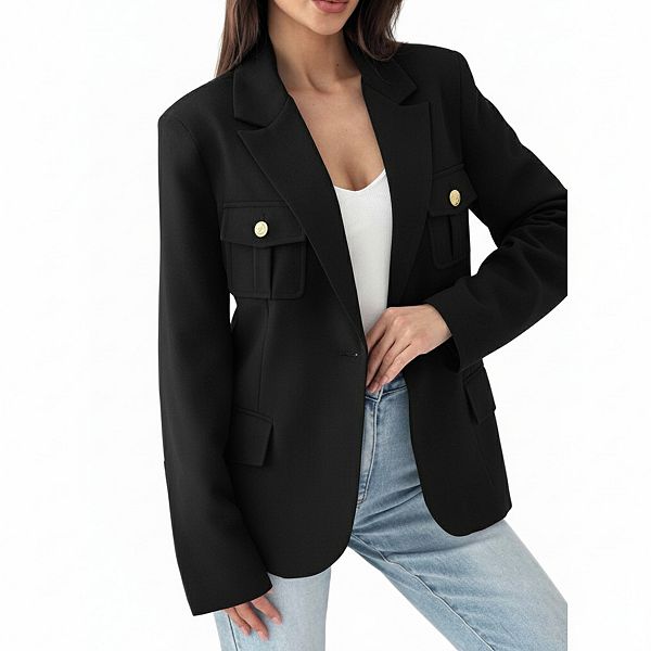 

Женский однобортный пиджак с длинным рукавом для офиса Kojooin, Black