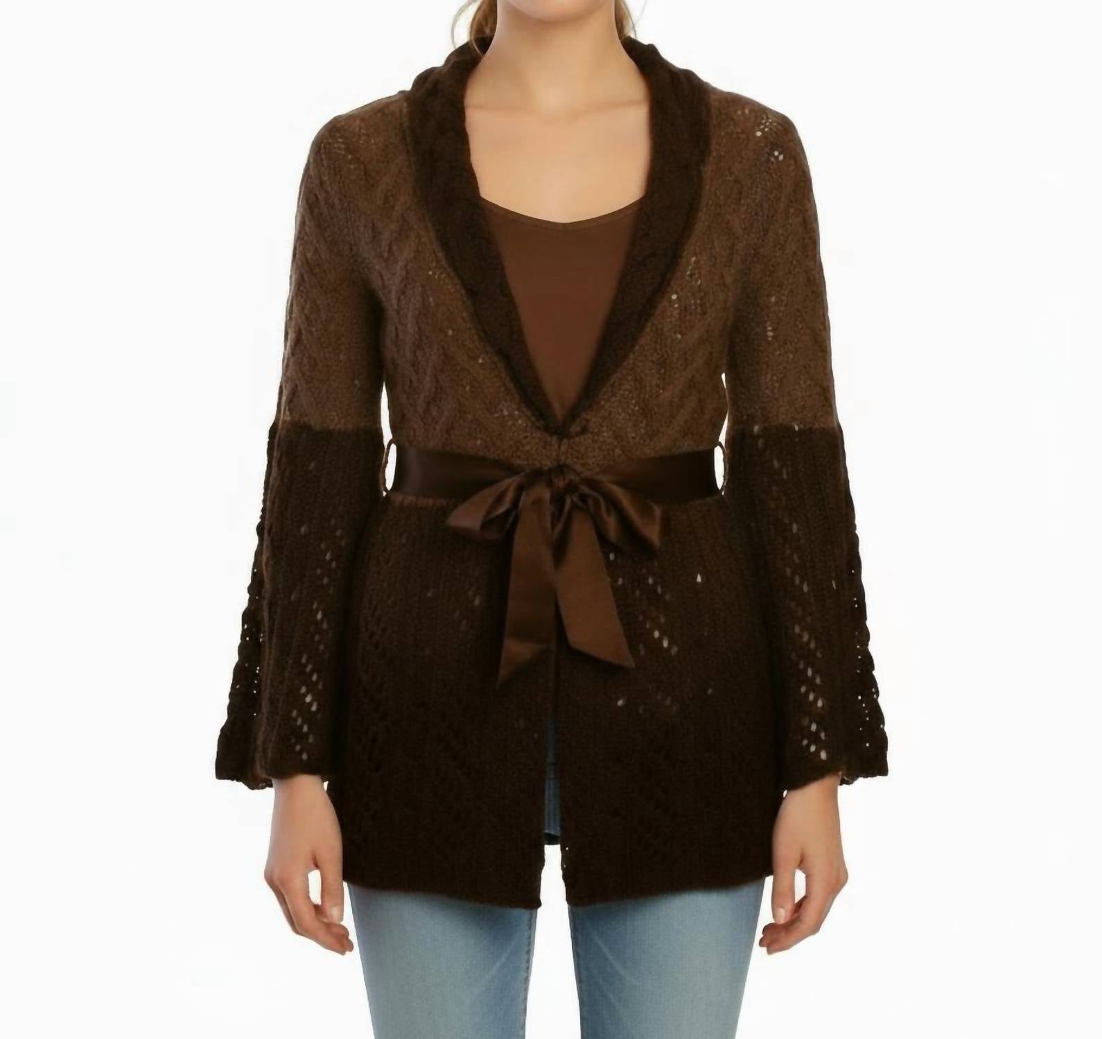 

Вязаный свитер с рукавами-колокольчиками и завязкой спереди, коричневый цвет M.Rena, коричневый