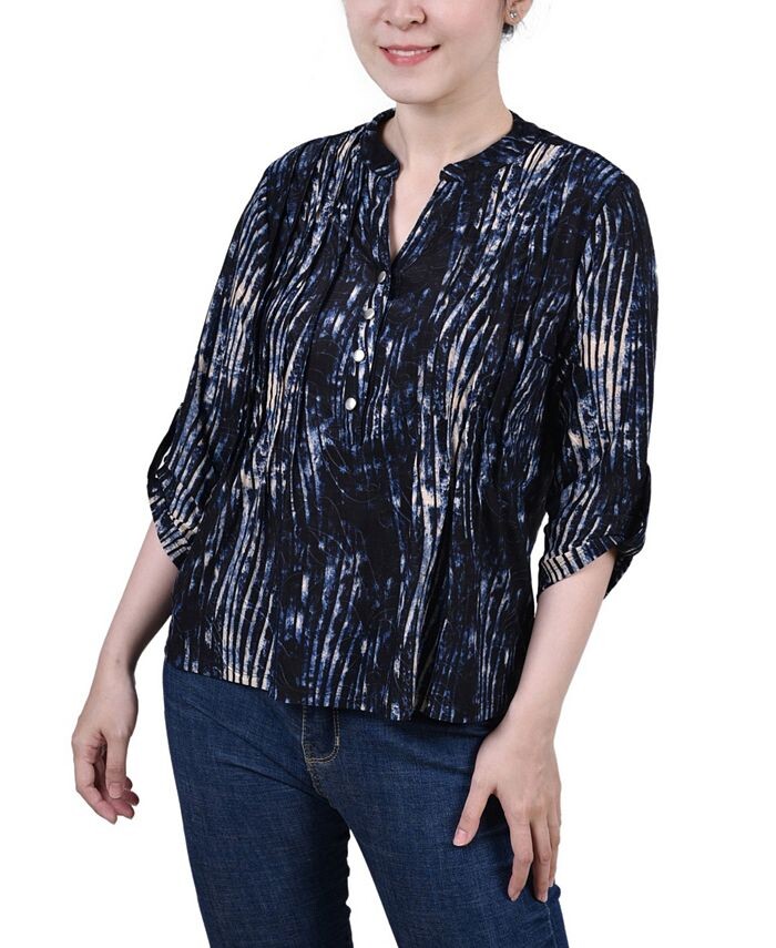 

Миниатюрный топ с защипами и принтом на рукавах 3/4 NY Collection, цвет Denim Swirlbreeze