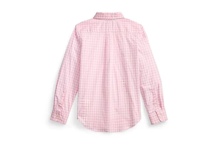 Рубашка хлопковая в клетку Plaid Cotton Poplin Shirt Polo Ralph Lauren Kids, Carmel Pink/White — фото 2