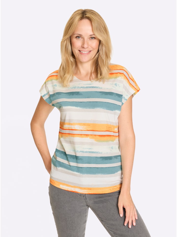 

Рубашка с круглым вырезом цвета экрю и светло-серым принтом Sieh an!