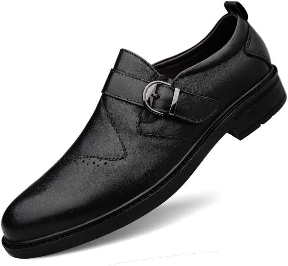Мужские оксфордские туфли, без шнурков, с круглым носком, с пряжкой, из коровьей кожи, нескользящие, верх, для ходьбы Generic, черный