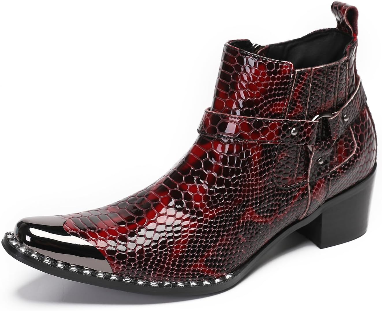 

Ковбойские ботинки Santimon для мужчин, диско-вечеринка, красное платье, повседневная кожа, металлический квадратный носок, текстура под змеиную кожу, челси, модные мужские ботинки до щиколотки в западном стиле для подростков