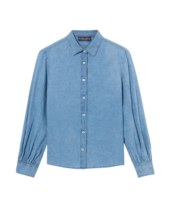 

Рубашка прямого кроя из шамбре, хлопка и льна с рукавами-баллонами. Brooks Brothers, синий