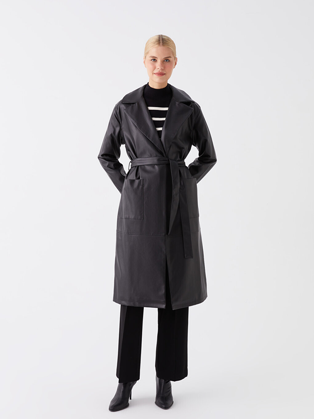 

Однотонное женское кожаное пальто с длинным рукавом и воротником-жакетом LCW Modest