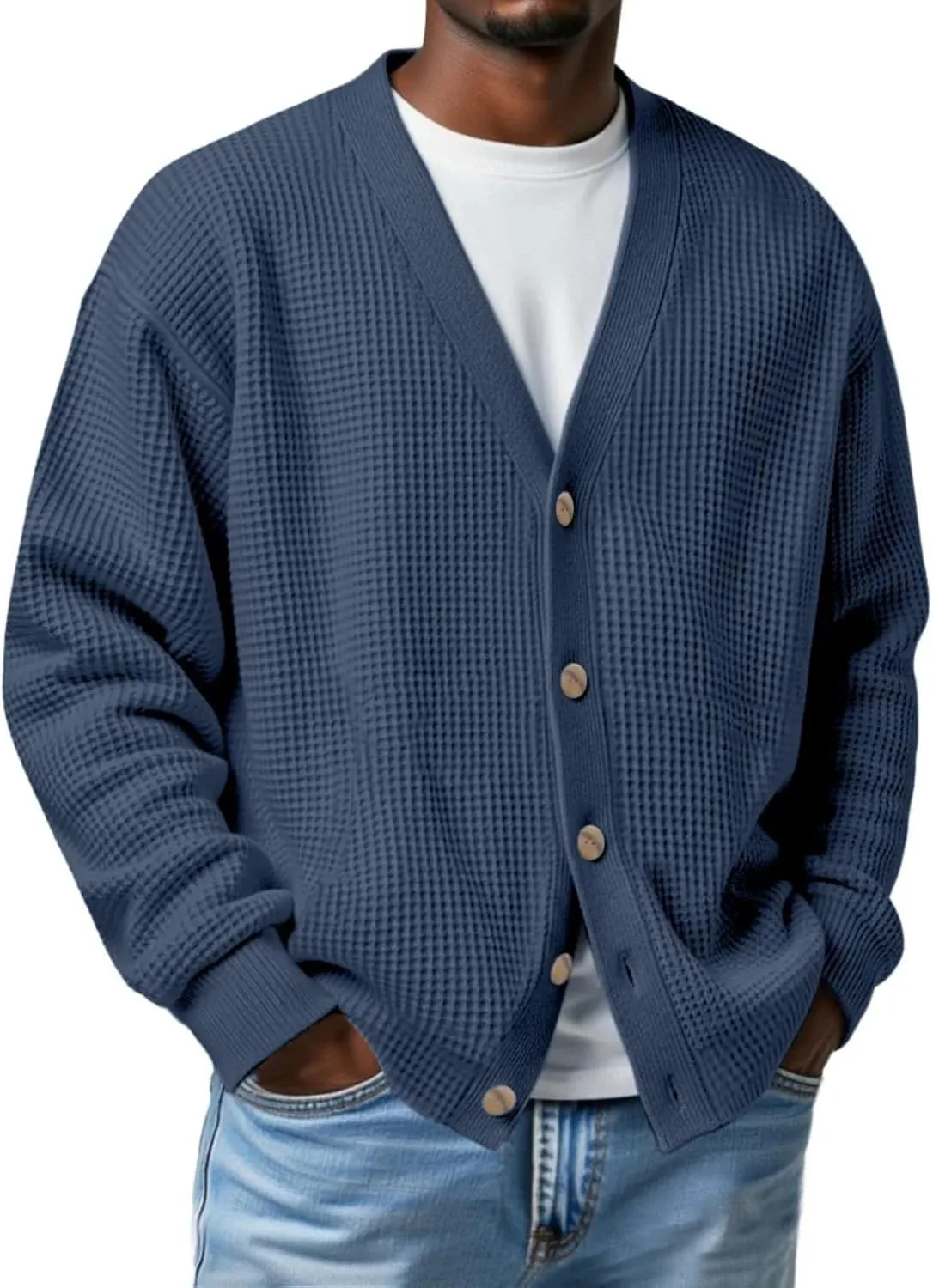 

Мужской кардиган с фактурной вафельной вязкой, легкий повседневный V-образный вырез