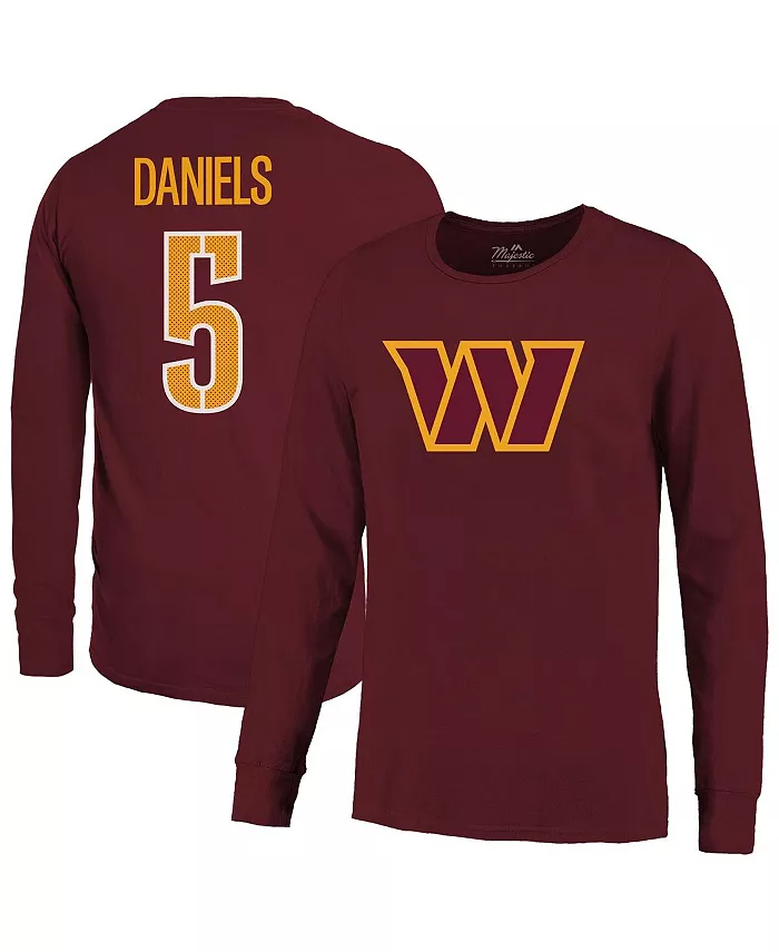 

Мужская футболка с длинным рукавом Jayden Daniels бордового цвета Washington Commanders с номером, без эффекта поношенности Majestic