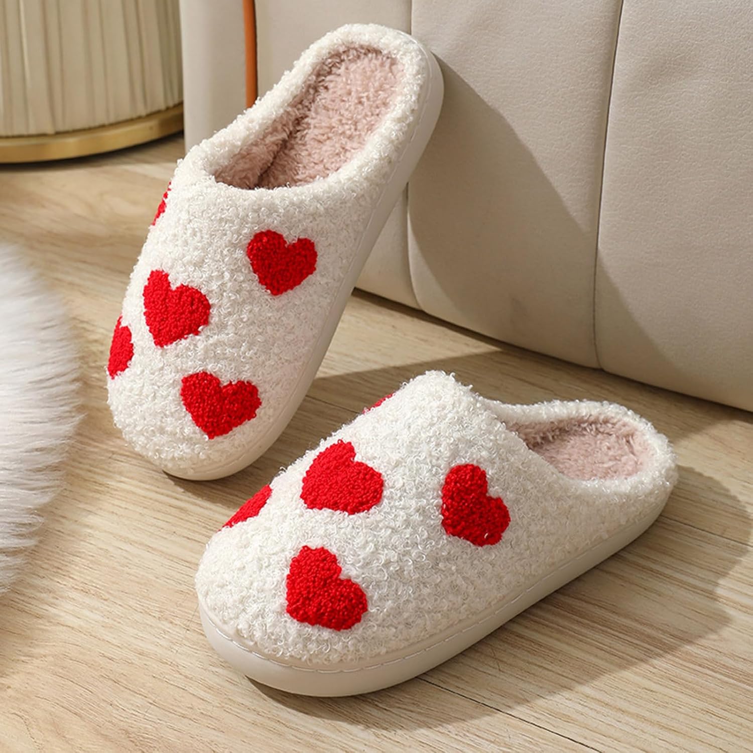 Тапочки JYSwoshoe с ворсом для женщин и мужчин, удобные домашние тапочки с памятью формы, мягкие плюшевые, теплые тапочки для дома и улицы, красный — фото 3