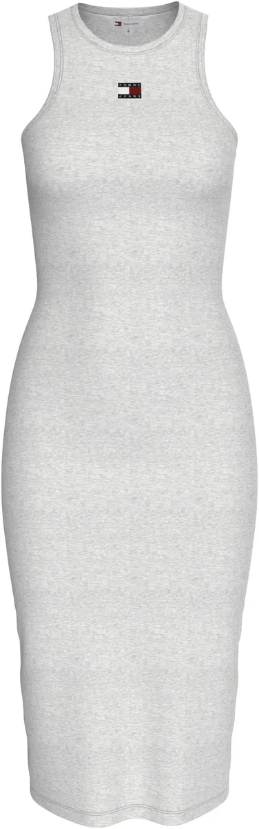 

Трикотажное платье Tommy Jeans "TJW RIB XS BADGE RACER DRESS", модного кроя, ткань в рубчик, значок с логотипом Tommy Jeans, серый