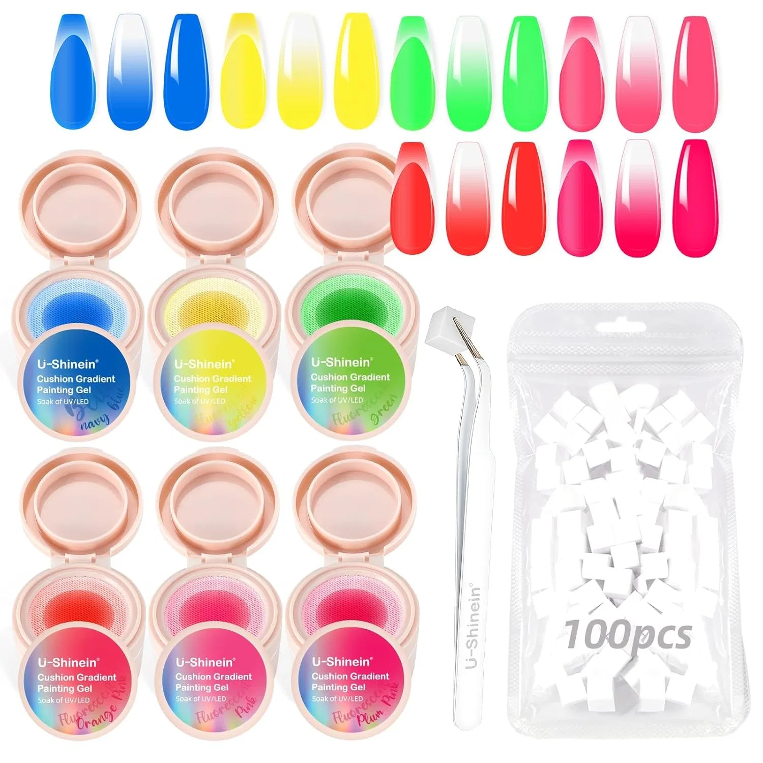 Набор гелей для градиентного дизайна ногтей Cushion Gradient Painting Gel Kit, 6 цветов U-Shinein, Set 02